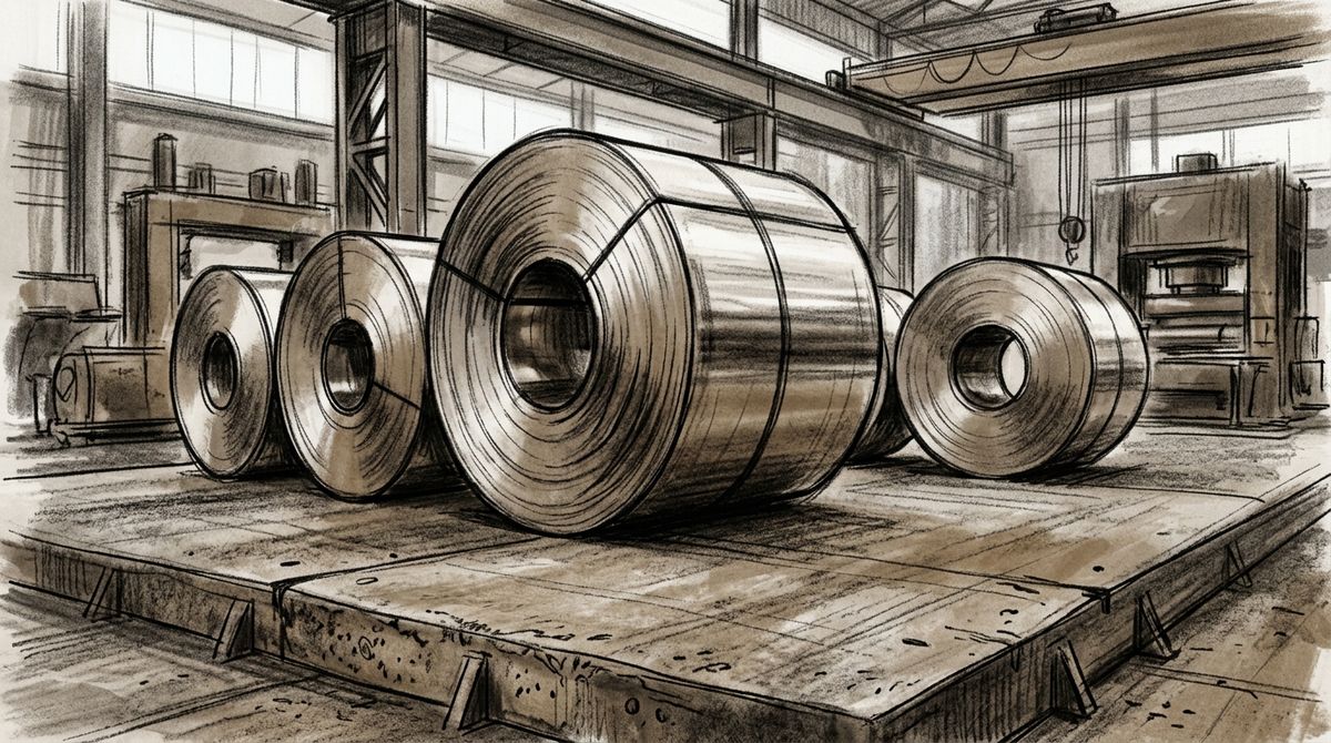 Abstract representation of massive, gleaming aluminum rolls resting on a reinforced concrete factory floor, stylized in high-contrast charcoal and sepia editorial illustration, devoid of text, capturing the weight and precision of industrial manufacturing.