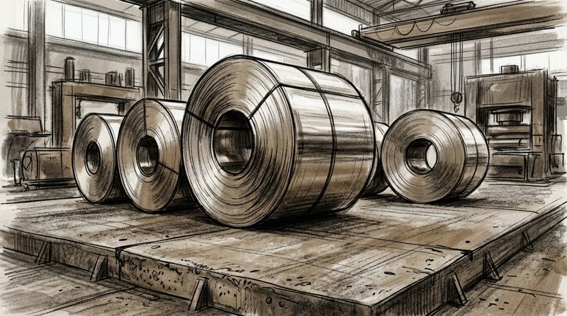 Abstract representation of massive, gleaming aluminum rolls resting on a reinforced concrete factory floor, stylized in high-contrast charcoal and sepia editorial illustration, devoid of text, capturing the weight and precision of industrial manufacturing.