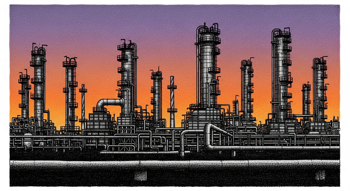 A sprawling oil refinery complex at dusk, with tall distillation towers and industrial pipelines silhouetted against a vibrant orange and purple sunset.