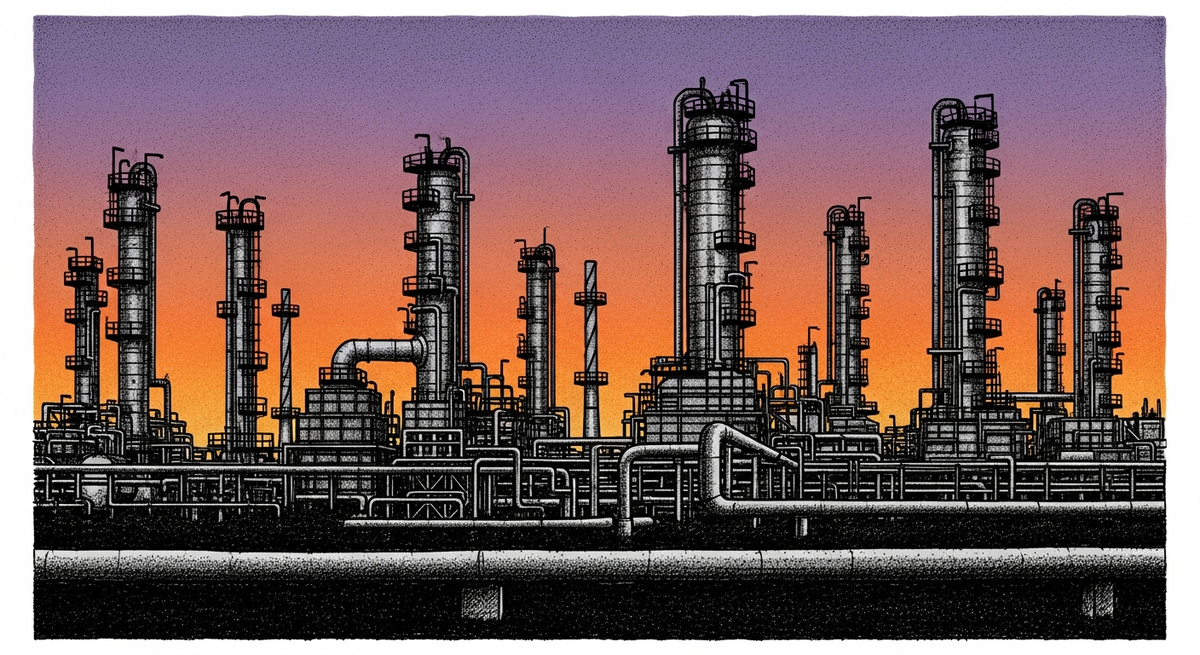 A sprawling oil refinery complex at dusk, with tall distillation towers and industrial pipelines silhouetted against a vibrant orange and purple sunset.