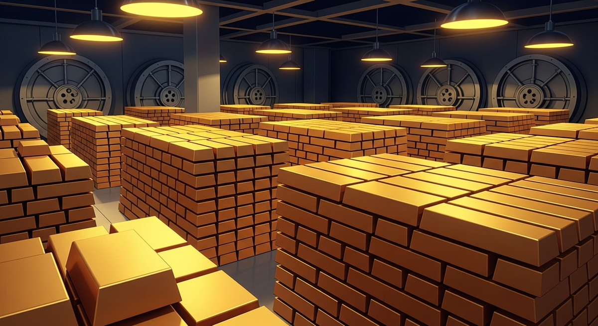 A vast, secure vault interior filled with neatly stacked gold bars gleaming under warm industrial lights, symbolizing sovereign wealth, hard asset accumulation, and financial security.