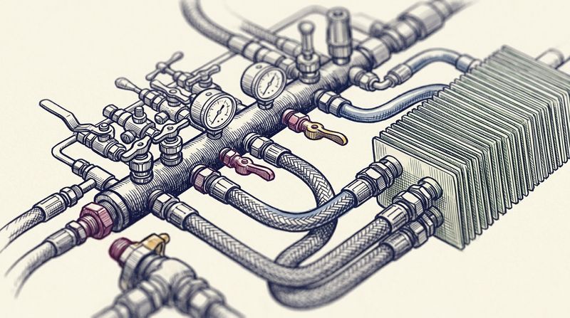 A detailed fine line illustration focusing closely on a complex fluid distribution manifold. Intricate valves, precision pressure gauges, and braided steel hoses connecting directly to a heat sink. Elegant, thin contour lines highlighting the mechanical precision of thermal engineering.