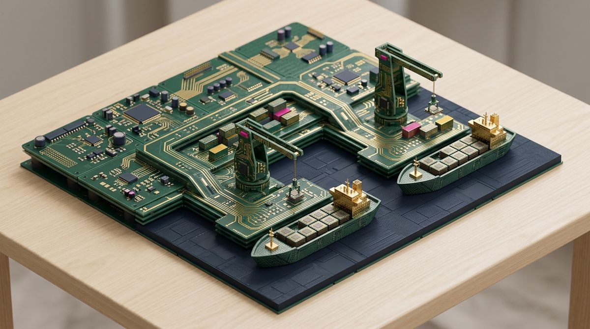 A clean isometric miniature diorama of a secure shipping port constructed entirely from green silicon wafers and gold circuits. Miniature robotic cranes load microscopic processor dies onto tiny cargo ships. Rendered in stylized isometric miniature, avoiding photorealism or gray grit. Clean lighting, pristine surfaces, no text, no graphs.