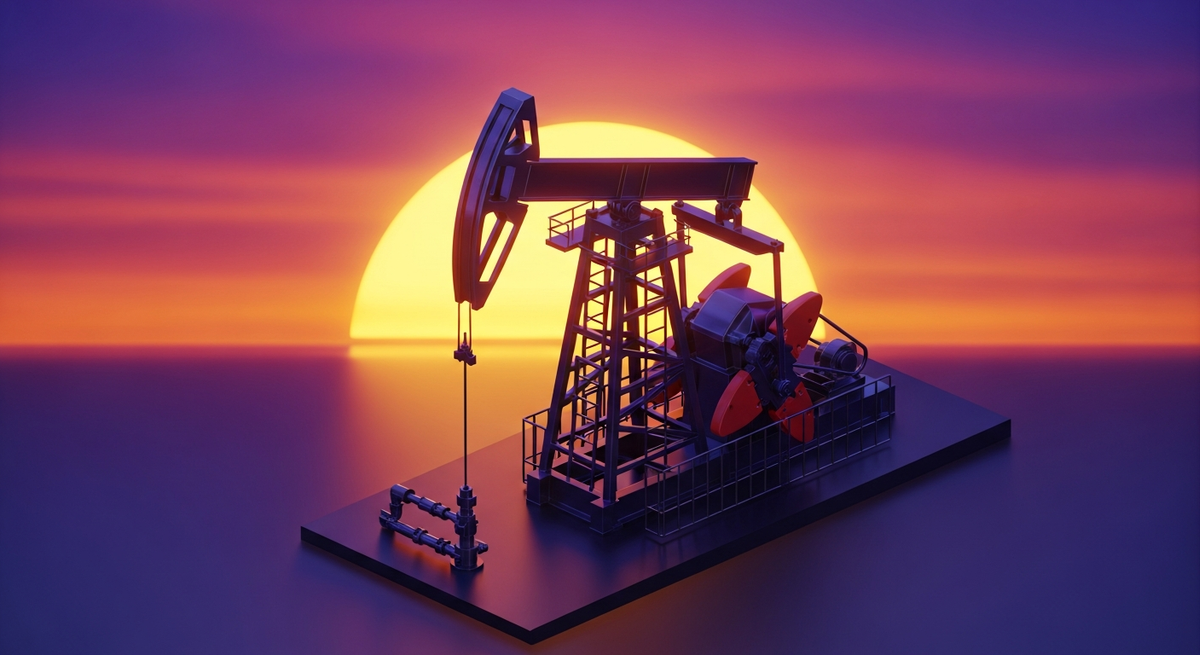 An industrial oil pumpjack silhouetted against a bright orange and purple sunset, representing energy market pressures and inflationary shocks.