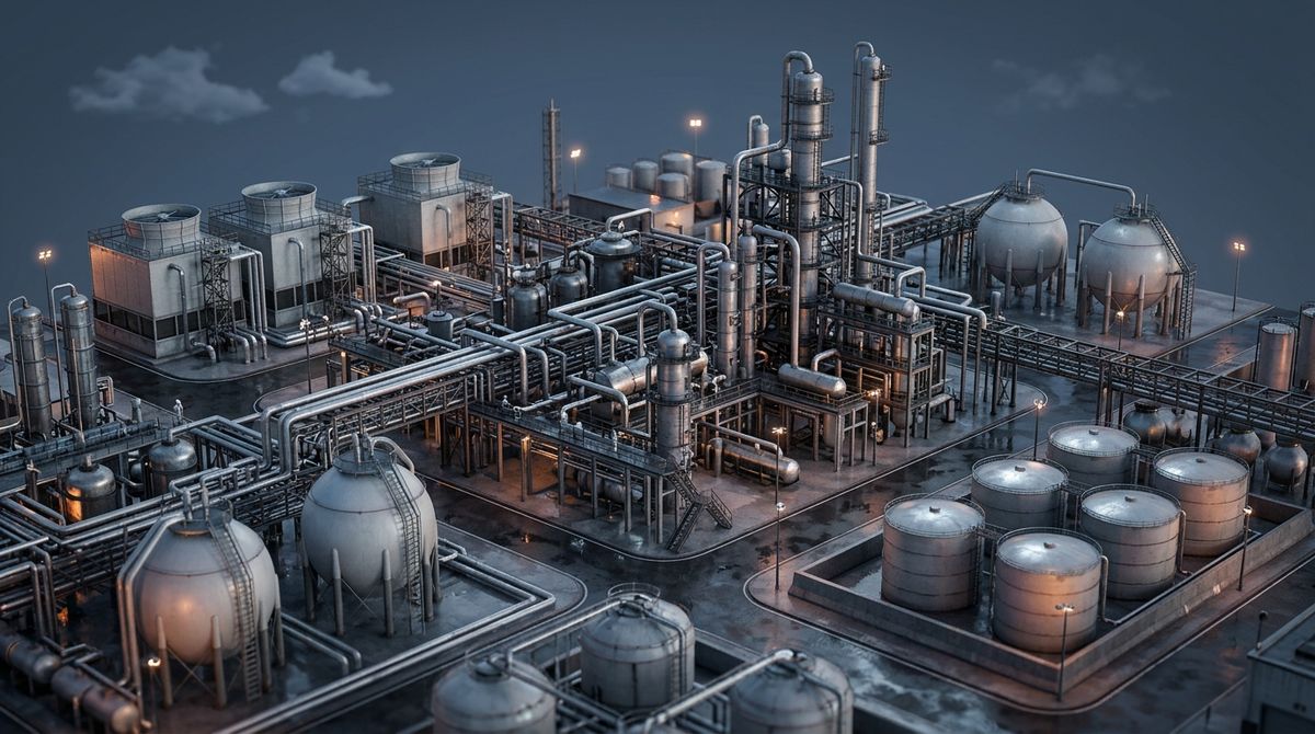 A sprawling, hyper-modern chemical refinery at dusk, thick silver pipelines and pressurized cooling tanks glowing under intense floodlights against a slate-blue sky, devoid of any visible text, branding, or signage, capturing the massive physical scale of materials production.