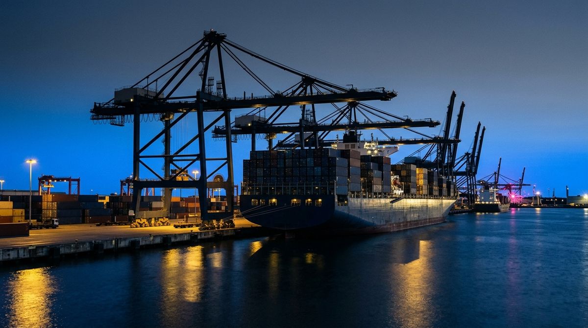 Deep-water commercial shipping port at dusk, rows of towering massive steel container cranes silhouetted against a fading sky, a colossal cargo ship being loaded with steel shipping containers, wide midshot framing, calm deep navy water reflecting warm yellow dockside illumination.