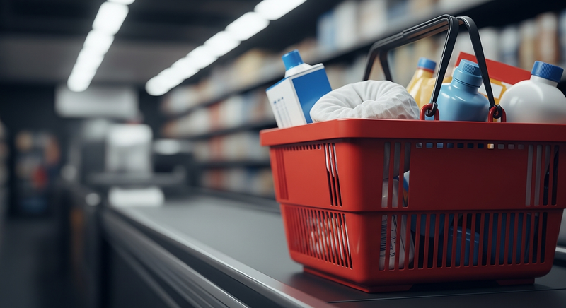 A close-up editorial shot of a red shopping basket filled with generic household goods and grocery items, resting on a checkout counter, sharply focused with a blurred retail background.