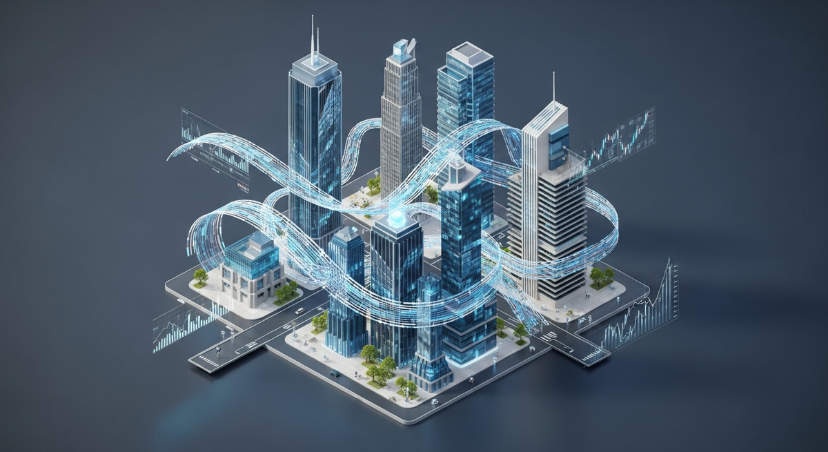 Abstract visualization of wealth management and capital markets, showing sleek, modern architectural elements of a financial district intertwined with flowing digital ribbons representing data and capital flow, without any text or numbers.