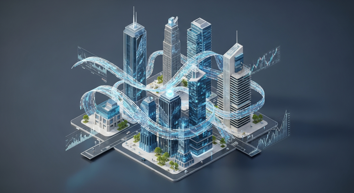 Abstract visualization of wealth management and capital markets, showing sleek, modern architectural elements of a financial district intertwined with flowing digital ribbons representing data and capital flow, without any text or numbers.