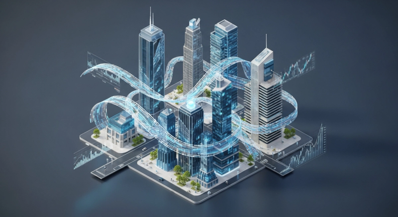 Abstract visualization of wealth management and capital markets, showing sleek, modern architectural elements of a financial district intertwined with flowing digital ribbons representing data and capital flow, without any text or numbers.