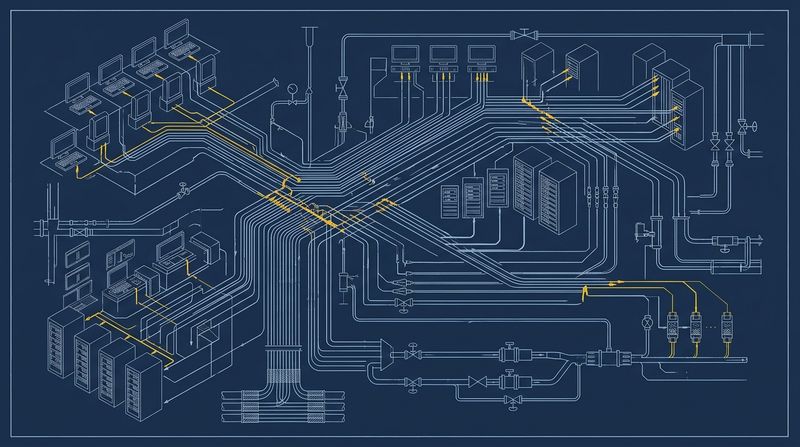 A technical blueprint of interconnected trading terminals, server racks, and data pipelines channeling high-velocity flows, rendered in precise architectural drafting lines to symbolize the plumbing of fixed-income exchange infrastructure. Clean, technical, and mechanical.