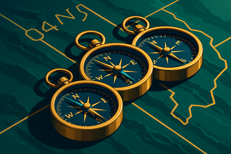 A cluster of solid brass nautical compasses resting on a deep green marble surface, with abstract, golden geographical coordinates etched deeply into the stone, representing deliberate, active navigation and the rerouting of institutional capital flows. Shot in sharp focus with dramatic sidelighting, emphasizing the metallic textures.