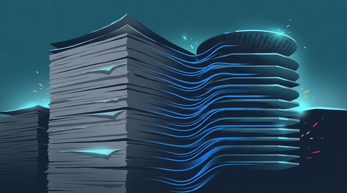 Atmospheric graphic illustration in deep teal and navy with luminous blue accents. Towering stacks of corporate bond term sheets morphing seamlessly into rigid silicon wafers, with luminous blue data streams weaving through the heavy paper edges.