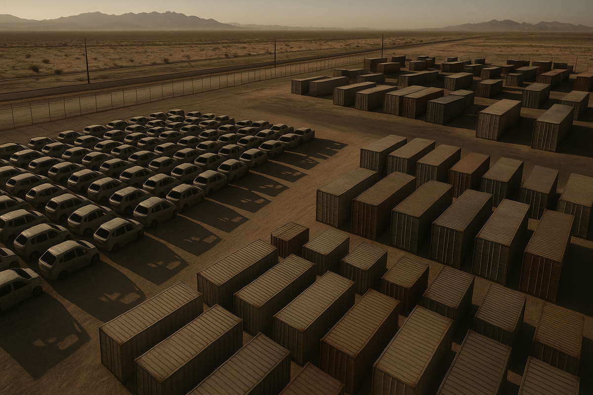 Overhead drone view of a sprawling logistics yard at a desert border crossing, tightly packed with identical unpainted car frames and stacked corrugated shipping containers. Long dramatic shadows cast by the late afternoon sun, industrial aesthetic, dusty environment. No legible text, logos, or signage on any surfaces.