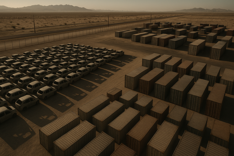 Overhead drone view of a sprawling logistics yard at a desert border crossing, tightly packed with identical unpainted car frames and stacked corrugated shipping containers. Long dramatic shadows cast by the late afternoon sun, industrial aesthetic, dusty environment. No legible text, logos, or signage on any surfaces.
