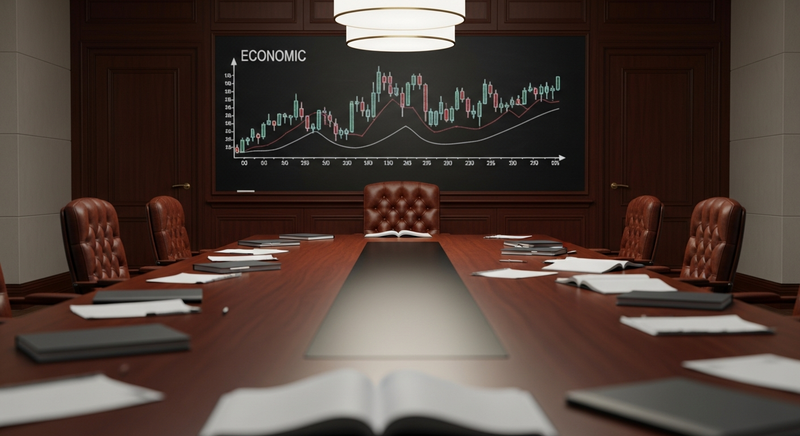 A tense boardroom inside a central bank featuring a long mahogany conference table, subtle ambient lighting, economic dossiers scattered across the surface, with a sharp focus on the empty chairman's leather chair. Professional, highly detailed photography.