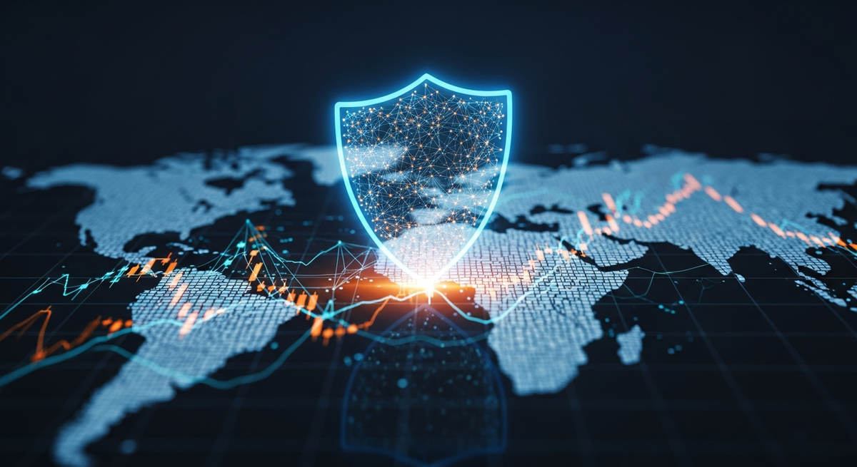 A high-tech visualization of a digital cybersecurity shield network glowing blue and orange over a dark stylized world map, representing digital defense infrastructure protecting against cyber warfare.