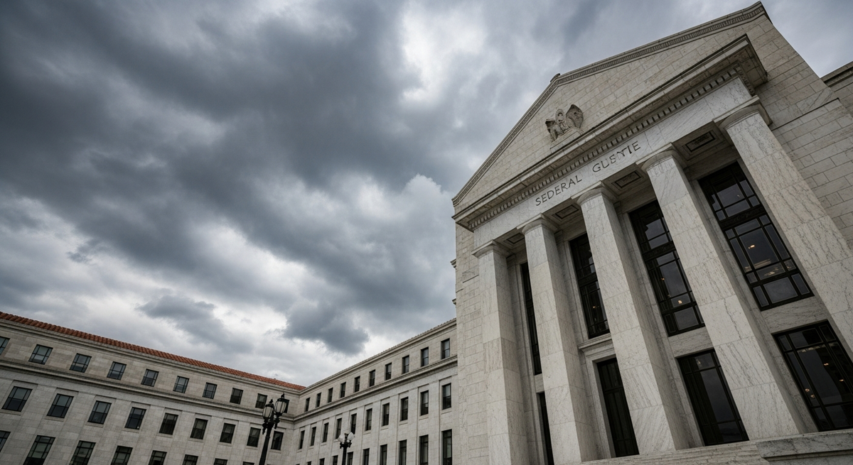 The imposing stone columns and facade of the Federal Reserve building in Washington D.C., viewed from a low angle under a stormy, overcast sky.