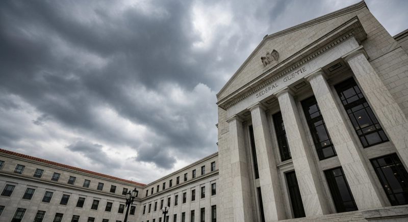The imposing stone columns and facade of the Federal Reserve building in Washington D.C., viewed from a low angle under a stormy, overcast sky.