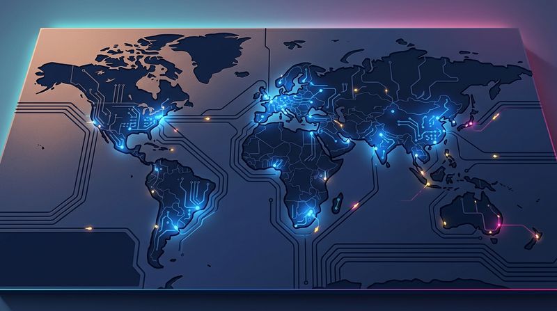 A global map rendered as a physical etched circuit board, with distinct localized foundry zones illuminated in soft brand-blue light against deep navy architecture, atmospheric graphic illustration style with clean contours.