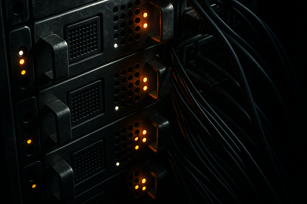 A tightly framed, stylized shot of a dense corporate server rack where heavy, brutalist physical metallic shielding seamlessly intertwines with fiber optic cables. No text or logos. Deep shadows with stark, high-contrast amber and white LED indicator lights, conveying the physical hardening of cloud infrastructure against unseen threats.