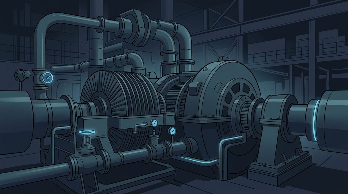 Atmospheric graphic illustration of a massive industrial gas compression turbine inside a processing facility. The heavy machinery features complex interlocking pipes, cooling fins, and rotary engine housings rendered in stylized navy and teal, accented by soft, glowing cyan light illuminating the control valves and pressure gauges.