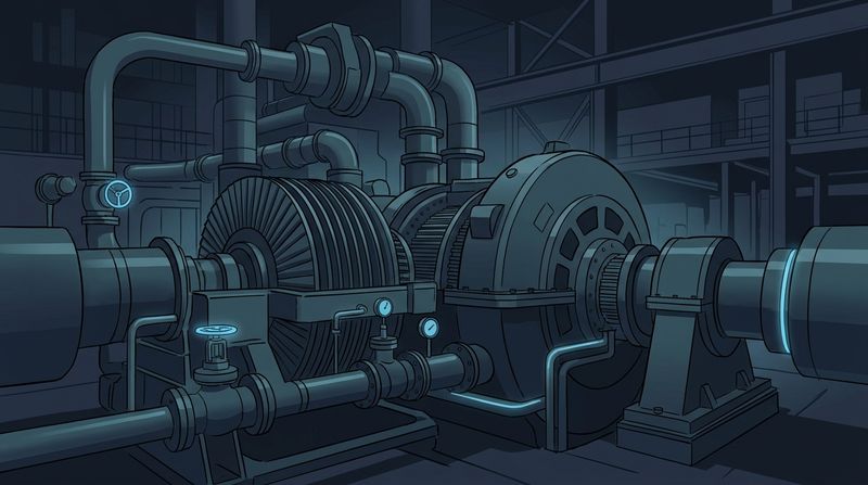 Atmospheric graphic illustration of a massive industrial gas compression turbine inside a processing facility. The heavy machinery features complex interlocking pipes, cooling fins, and rotary engine housings rendered in stylized navy and teal, accented by soft, glowing cyan light illuminating the control valves and pressure gauges.