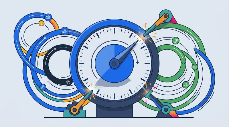 A conceptual flat brand illustration depicting a massive, stylized central bank interest rate dial being adjusted by abstract geometric levers, surrounded by interlocking circular glide paths representing retirement fund asset allocations. Polished flat brand-blue design with warm orange and teal accents, clean vector aesthetic, no text or typography.