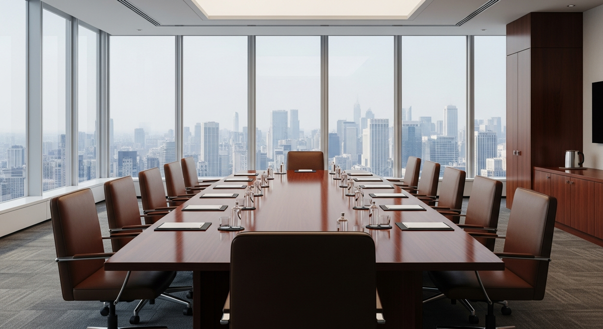 A sleek, modern corporate boardroom with a large mahogany table, empty leather chairs, and large windows overlooking a sprawling metropolis, conveying institutional decision-making and high-level strategy, cinematic lighting.