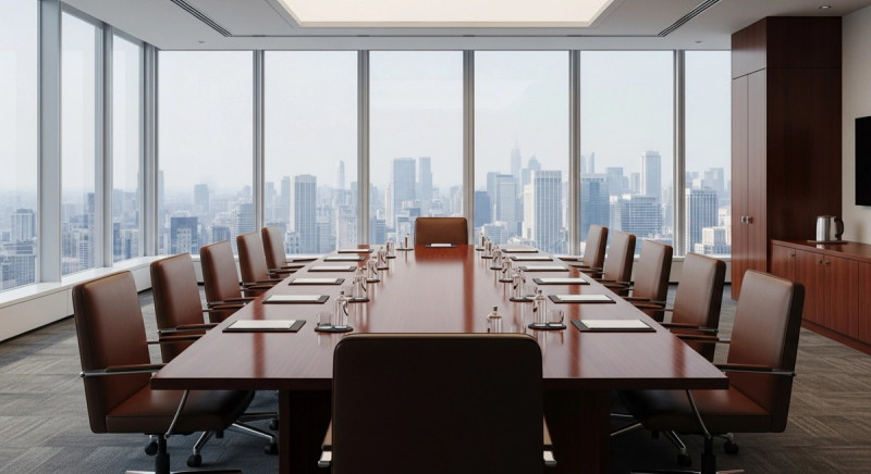 A sleek, modern corporate boardroom with a large mahogany table, empty leather chairs, and large windows overlooking a sprawling metropolis, conveying institutional decision-making and high-level strategy, cinematic lighting.