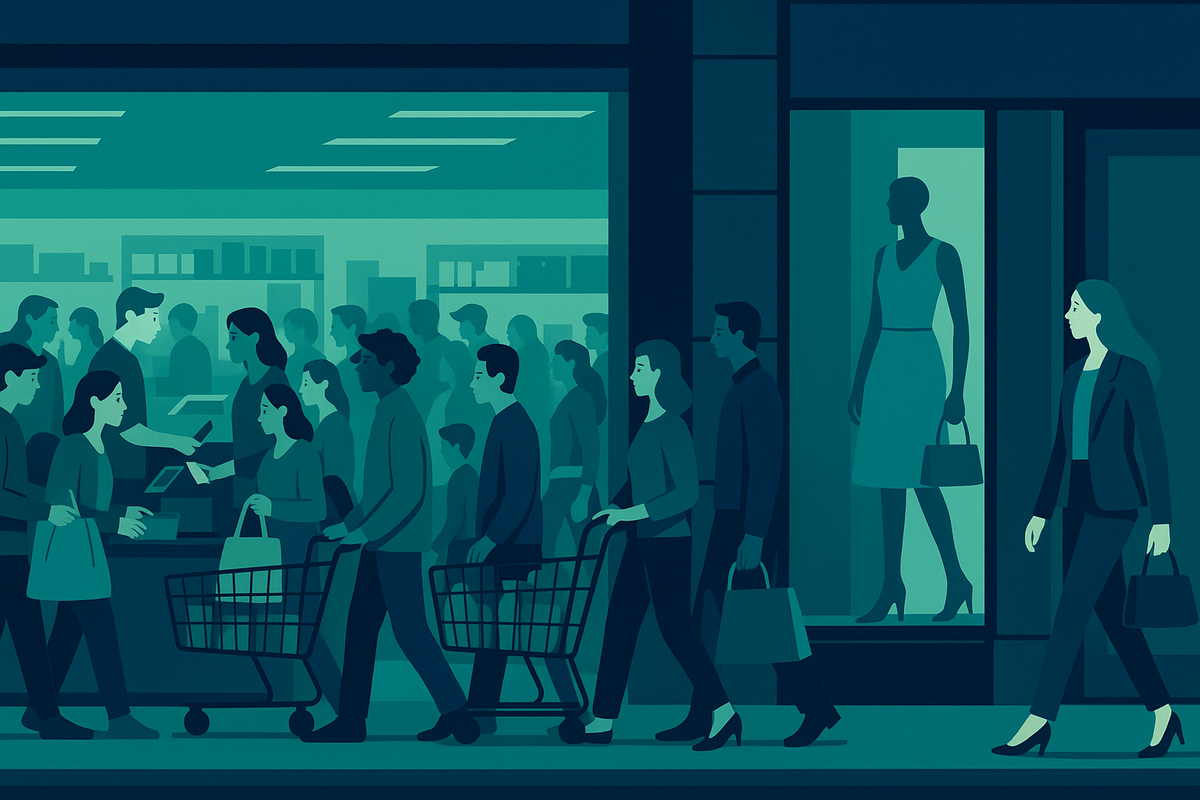 An editorial street-level scene with a crowded supermarket checkout area next to a quieter premium fashion storefront, illustrating consumers shifting toward value and away from discretionary splurges; realistic, no text or signage.