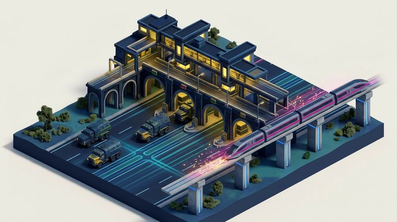 An isometric miniature of a multi-tiered tollbooth straddling a digital highway, where heavy armored trucks process slowly on one side while sleek maglev trains bypass on a parallel glowing track.