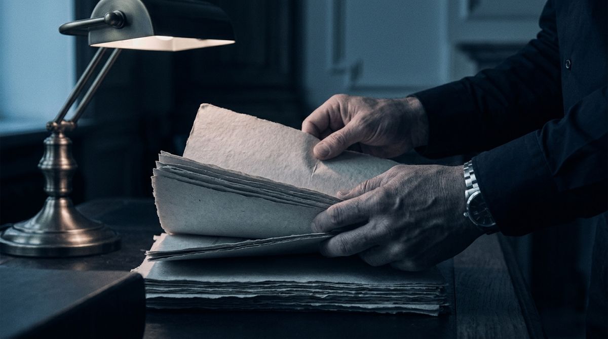 A close-up of a banker's hands reviewing a stack of institutional ownership filings and merger models on thick parchment paper, monochrome editorial styling with deep teal shadows.