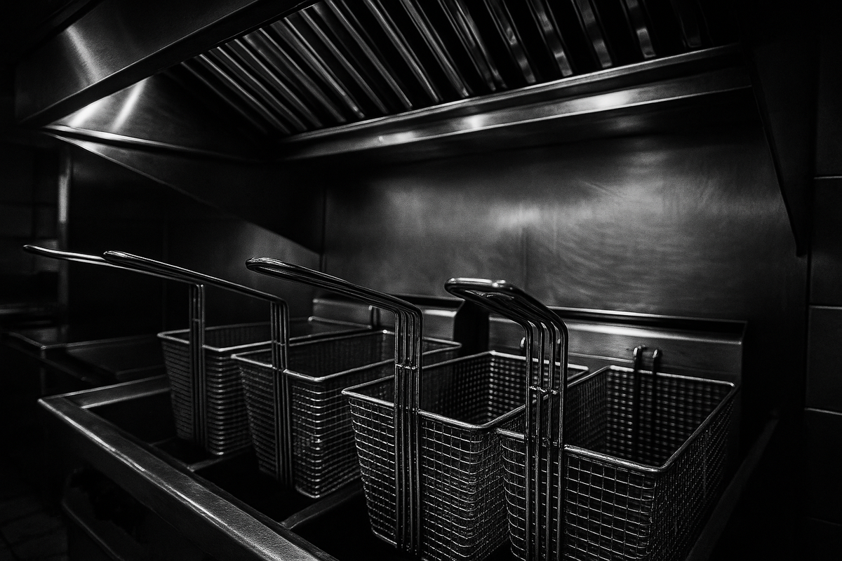 A tight, high-contrast detail shot of stainless steel warming racks and wire fry baskets in a stark, industrial commercial kitchen. Gleaming metal surfaces, sharp reflections, and deep shadows emphasize the mechanical efficiency and high volume required to sustain tight-margin fast food operations. No readable text, labels, or people—just the heavy duty equipment.