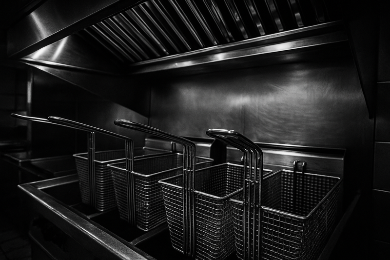 A tight, high-contrast detail shot of stainless steel warming racks and wire fry baskets in a stark, industrial commercial kitchen. Gleaming metal surfaces, sharp reflections, and deep shadows emphasize the mechanical efficiency and high volume required to sustain tight-margin fast food operations. No readable text, labels, or people—just the heavy duty equipment.