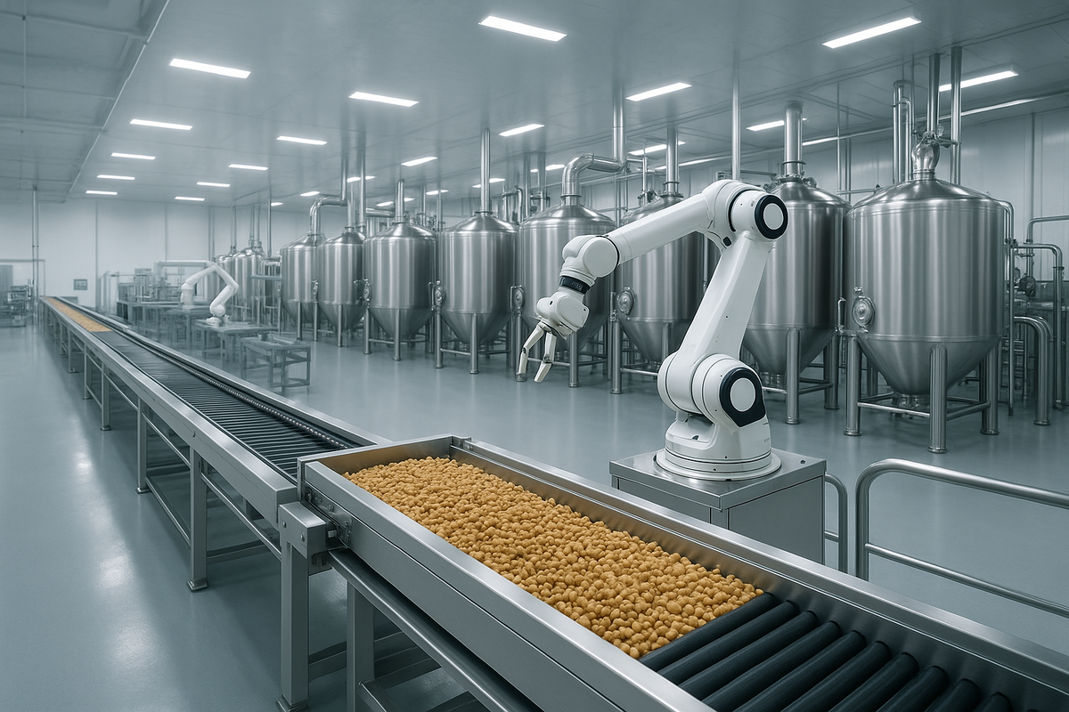 The immaculate interior of a high-tech food manufacturing plant, featuring rows of gleaming stainless steel vats, automated conveyor belts carrying raw agricultural materials, and pristine robotic sorting arms bathed in bright, sterile white LED lighting, entirely devoid of any text or branding.