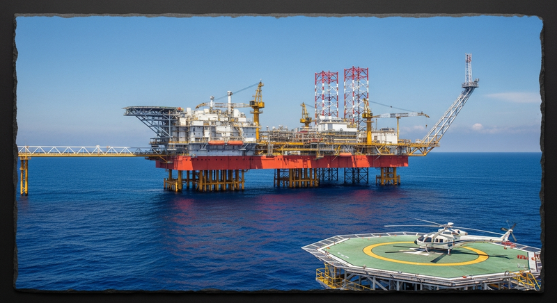 An expansive offshore oil platform operating in deep blue waters under a clear sky, showing heavy steel infrastructure, industrial cranes, and a helipad. High detail, industrial photography, daytime lighting, wide angle.