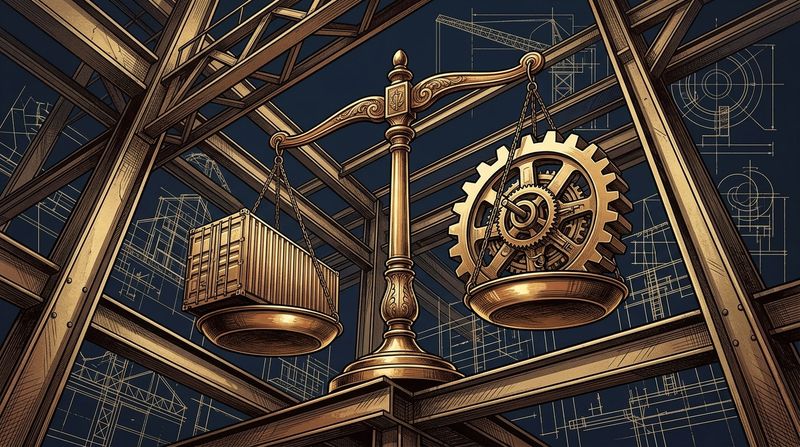 An intricate brass scale of justice balancing a modern shipping container and an abstract industrial gear, set against dark navy architectural blueprints.