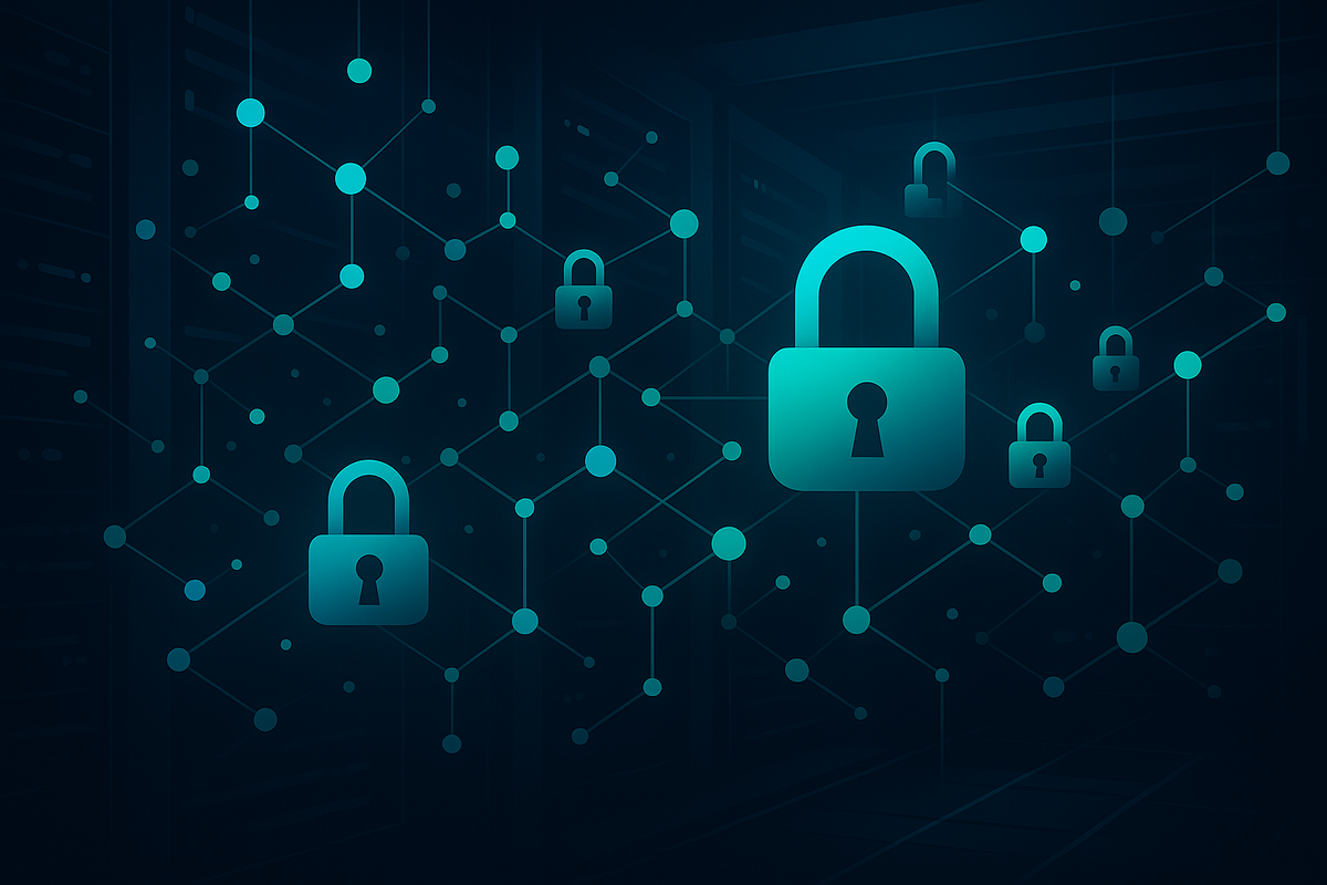 An abstract, high-tech visual of glowing blue and green digital nodes and interlocking cryptographic padlocks in a dark server room setting, representing secure software infrastructure and digital identity protection. Cinematic lighting, deep shadows, ultra-detailed.