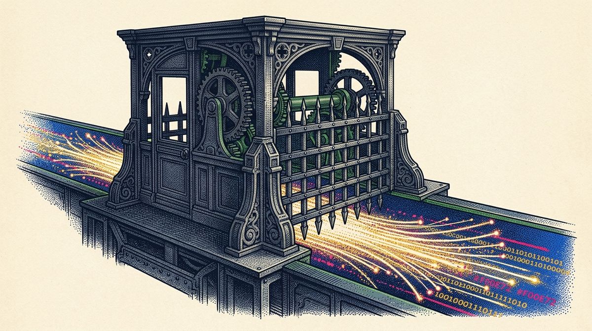 An ornate, heavy iron tollbooth positioned directly over a glowing, hyper-fast fiber-optic data stream, representing financial gatekeepers capturing value from digital flows, rendered in precise currency-engraving stipple art with a serious newsprint aesthetic.