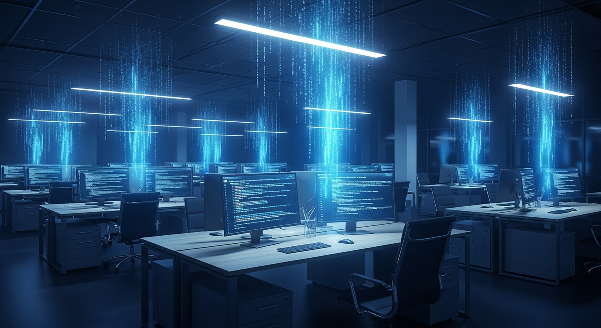 A modern, dimly lit office space with rows of empty desks and glowing monitors displaying cascading code, symbolizing the disruption of software labor by automation