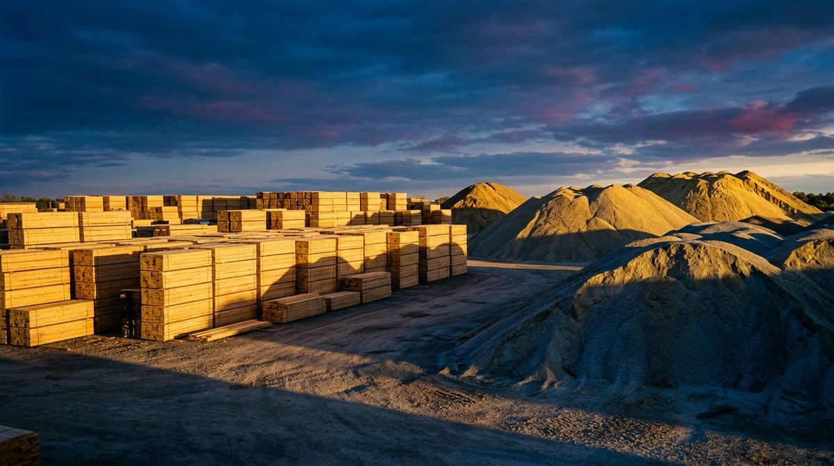Vast commercial distribution yard filled with massive, perfectly aligned stacks of raw dimensional lumber and giant mounds of structural aggregate, captured in striking landscape photography with long shadows and luminous golden-hour light, emphasizing immense industrial scale. Editorial scene of massive stacks of raw lumber and structural aggregates arrayed at a commercial distribution yard without requiring a licensed photograph.