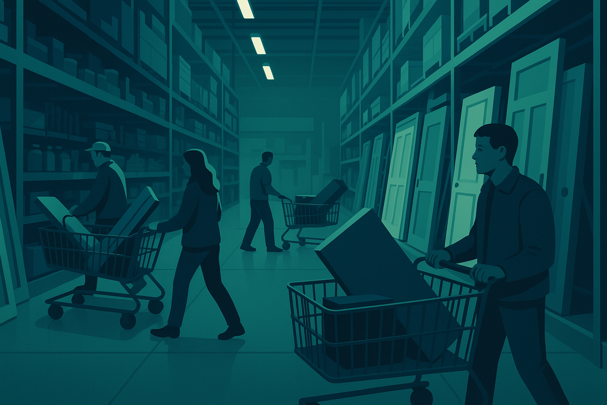 A realistic home-improvement store aisle with a few shoppers, carts filled with expensive items, and a subdued mood, conveying slower demand for higher-ticket purchases; no text or branding.