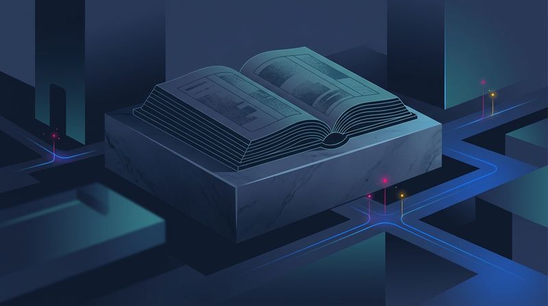 An atmospheric graphic illustration of a massive open ledger resting on a polished stone plinth, surrounded by abstract geometric representations of banking infrastructure. Deep navy and teal tones with luminous brand-blue accents highlighting the precise, stylized line work of the ledger's binding and the surrounding architectural shadows, entirely text-free.