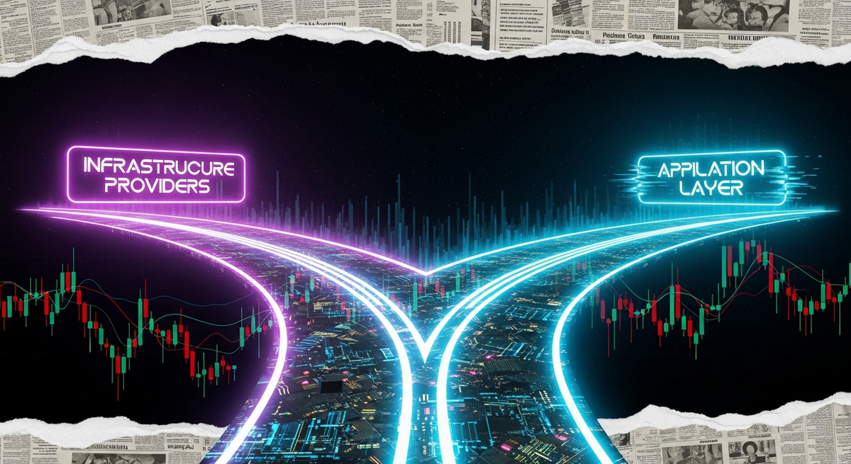 A digital, Tron-style fork in the road. One path is brightly lit and constructed of circuit boards, leading towards a glowing sign that reads 'INFRASTRUCTURE PROVIDERS'. The other path is shadowy and uncertain, leading to a flickering, glitching sign that reads 'APPLICATION LAYER'.