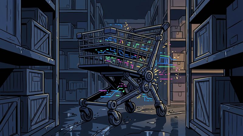 Bold line illustration of a sleek mechanical shopping cart woven with glowing digital data streams, navigating a dense maze of physical warehouse shelves.