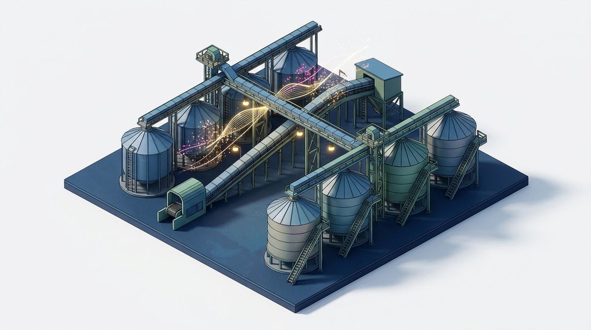 An isometric miniature diorama of a sleek agricultural storage silo complex, with glowing digital yield metrics and data streams floating above the mechanical conveyors. Clean white background, architectural model aesthetic.
