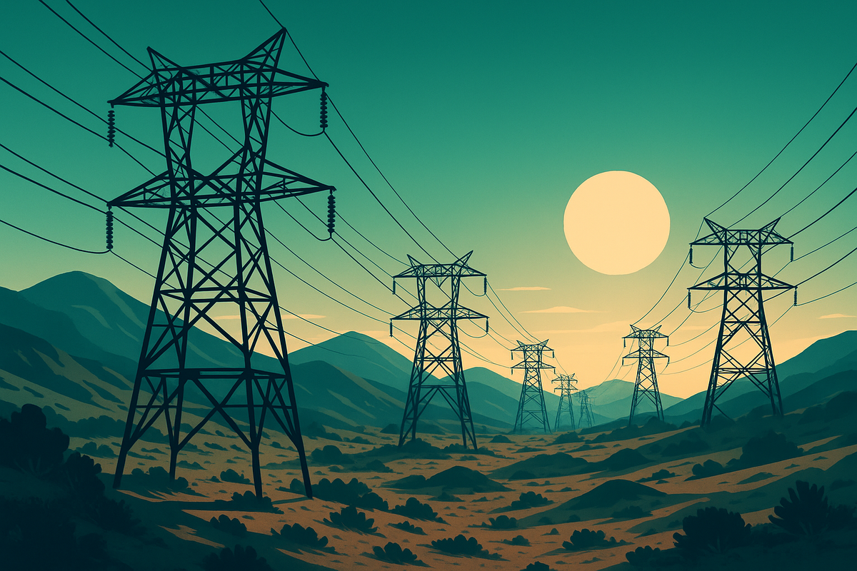 A sprawling view of massive, modern steel electrical transmission towers marching across a dry, mountainous scrubland landscape under a golden hour sun. No signs, no text, highly realistic and focusing on the physical scale of power infrastructure.