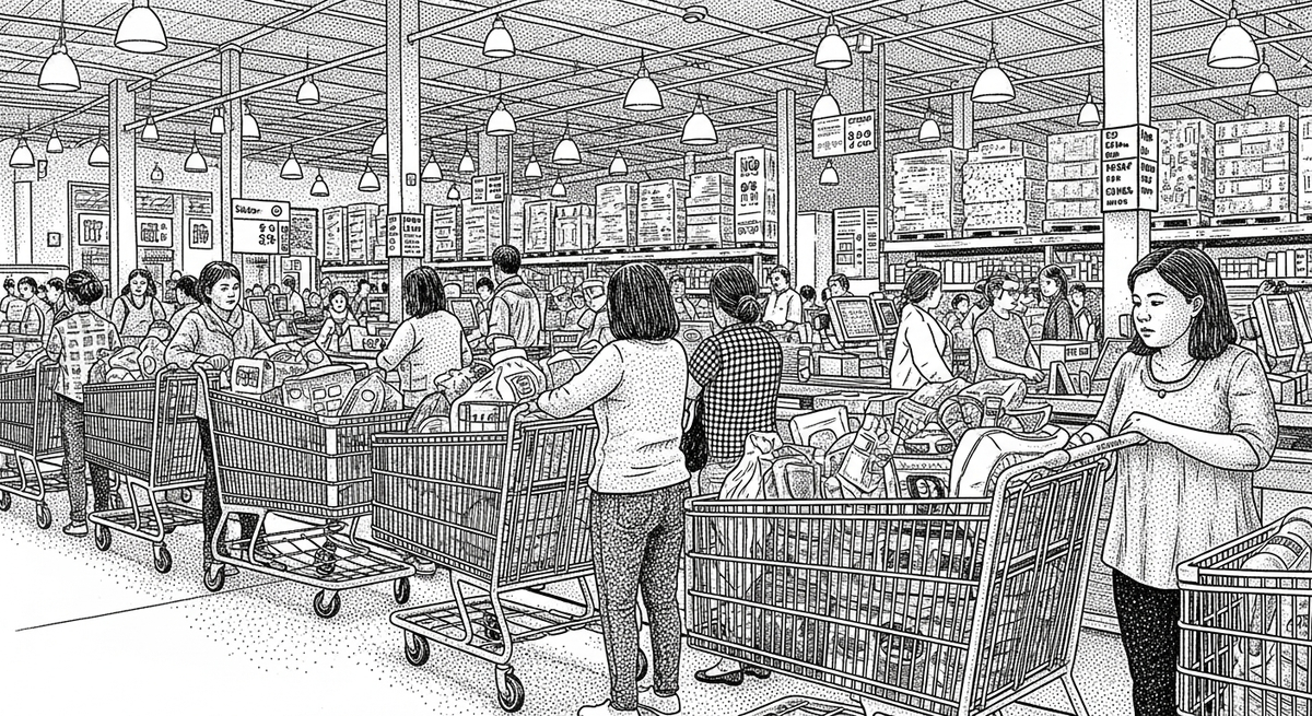 A bustling checkout area inside a massive warehouse retail store. Customers are lined up pushing oversized metal shopping carts overflowing with bulk household goods, groceries, and essentials under bright industrial lighting.