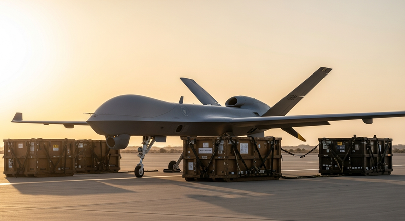 A highly advanced, stealth-grey military drone resting on a desert tarmac at sunrise, surrounded by heavy shipping crates and rugged logistical equipment.